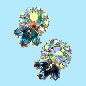 1955 Crown Trifari Blue Lagoon AB Clip Earrings Silver Tone Marquise Vintage